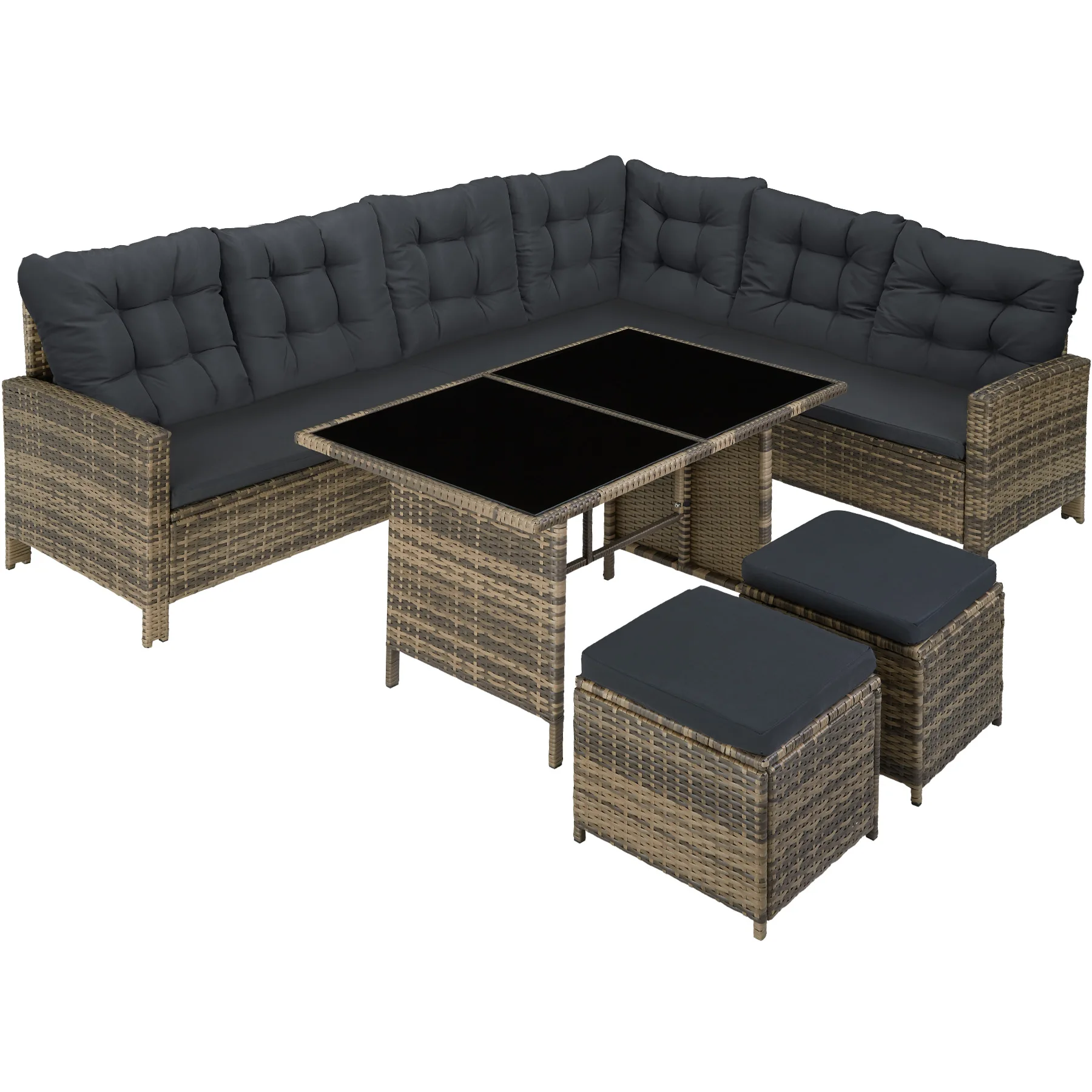 TECTAKE - Rattan Garden Set with Table and Cushions, Weatherproof and Matchable Patio Set, 5-Piece Outdoor Garden Furniture Set, Corner Sofa, 2 Stools and 1 Table - Image 3