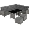 TECTAKE - Rattan Garden Set with Table and Cushions, Weatherproof and Matchable Patio Set, 5-Piece Outdoor Garden Furniture Set, Corner Sofa, 2 Stools and 1 Table