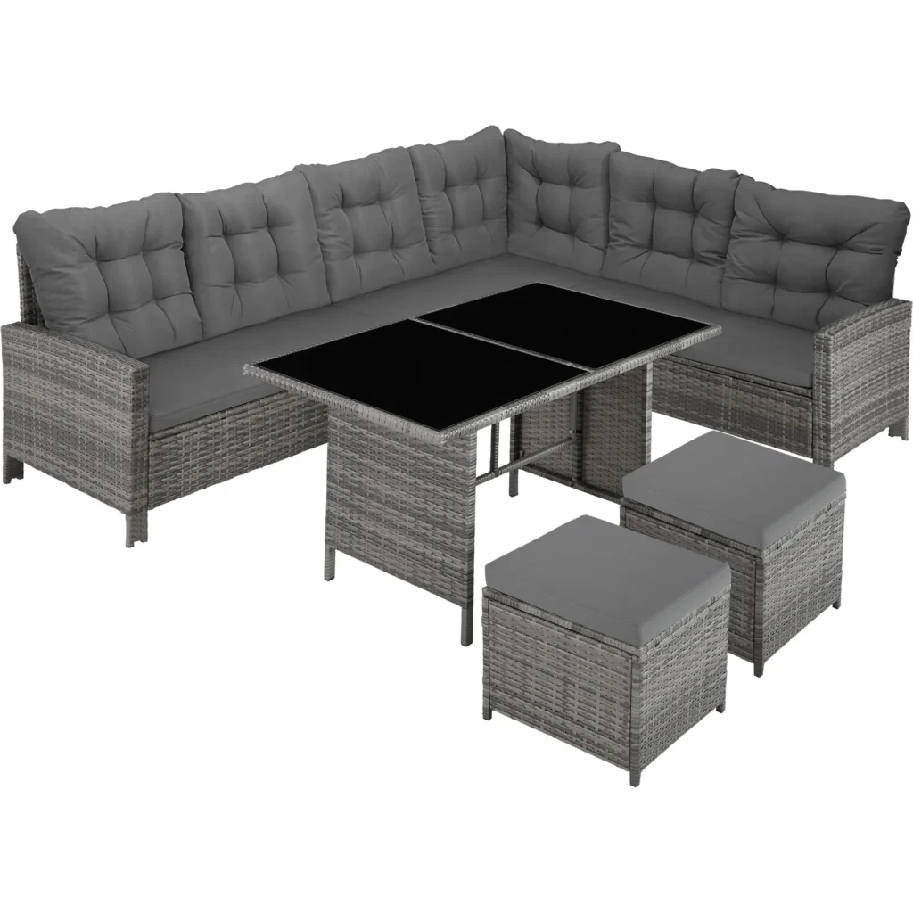 TECTAKE - Rattan Garden Set with Table and Cushions, Weatherproof and Matchable Patio Set, 5-Piece Outdoor Garden Furniture Set, Corner Sofa, 2 Stools and 1 Table