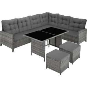 TECTAKE - Rattan Garden Set with Table and Cushions, Weatherproof and Matchable Patio Set, 5-Piece Outdoor Garden Furniture Set, Corner Sofa, 2 Stools and 1 Table
