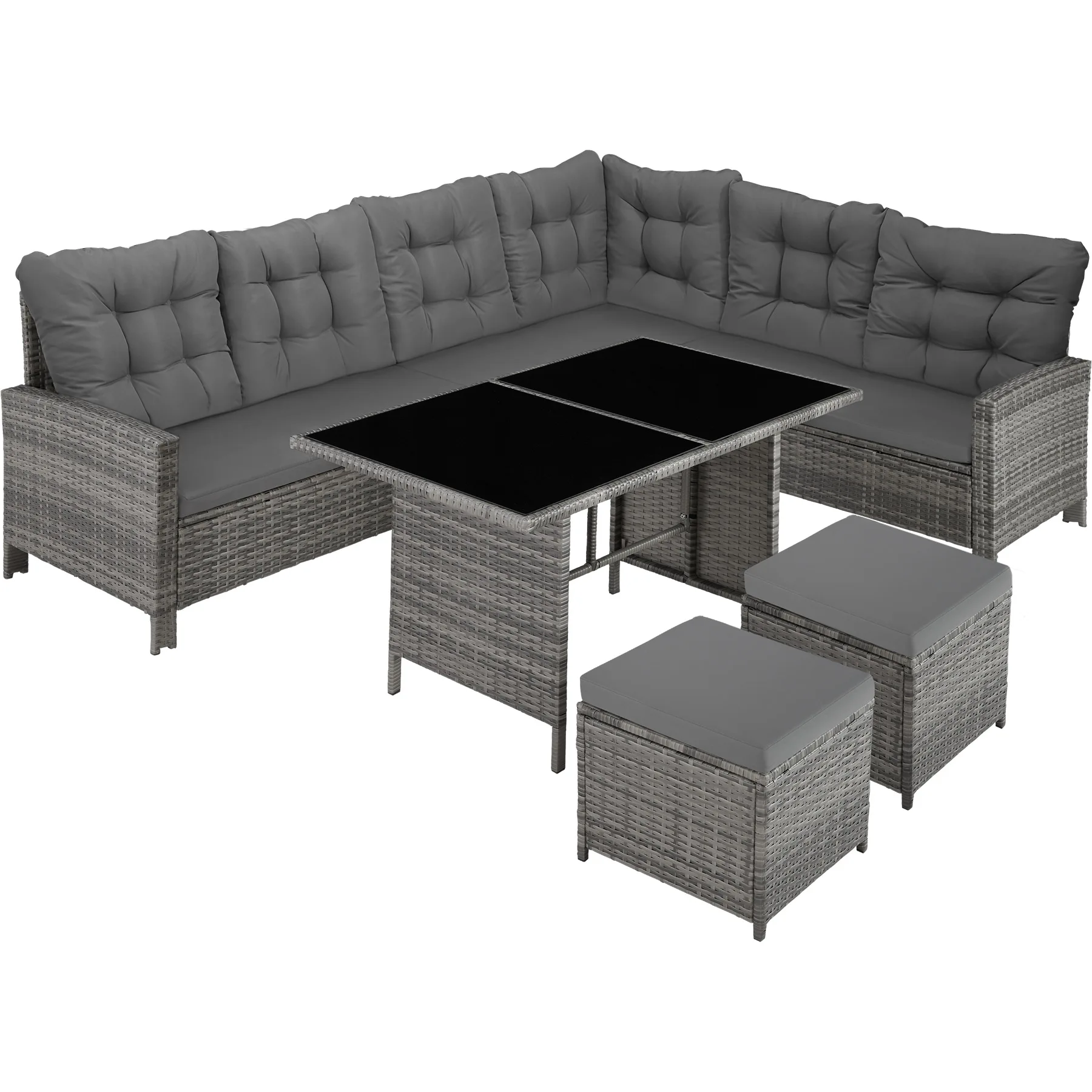 TECTAKE - Rattan Garden Set with Table and Cushions, Weatherproof and Matchable Patio Set, 5-Piece Outdoor Garden Furniture Set, Corner Sofa, 2 Stools and 1 Table