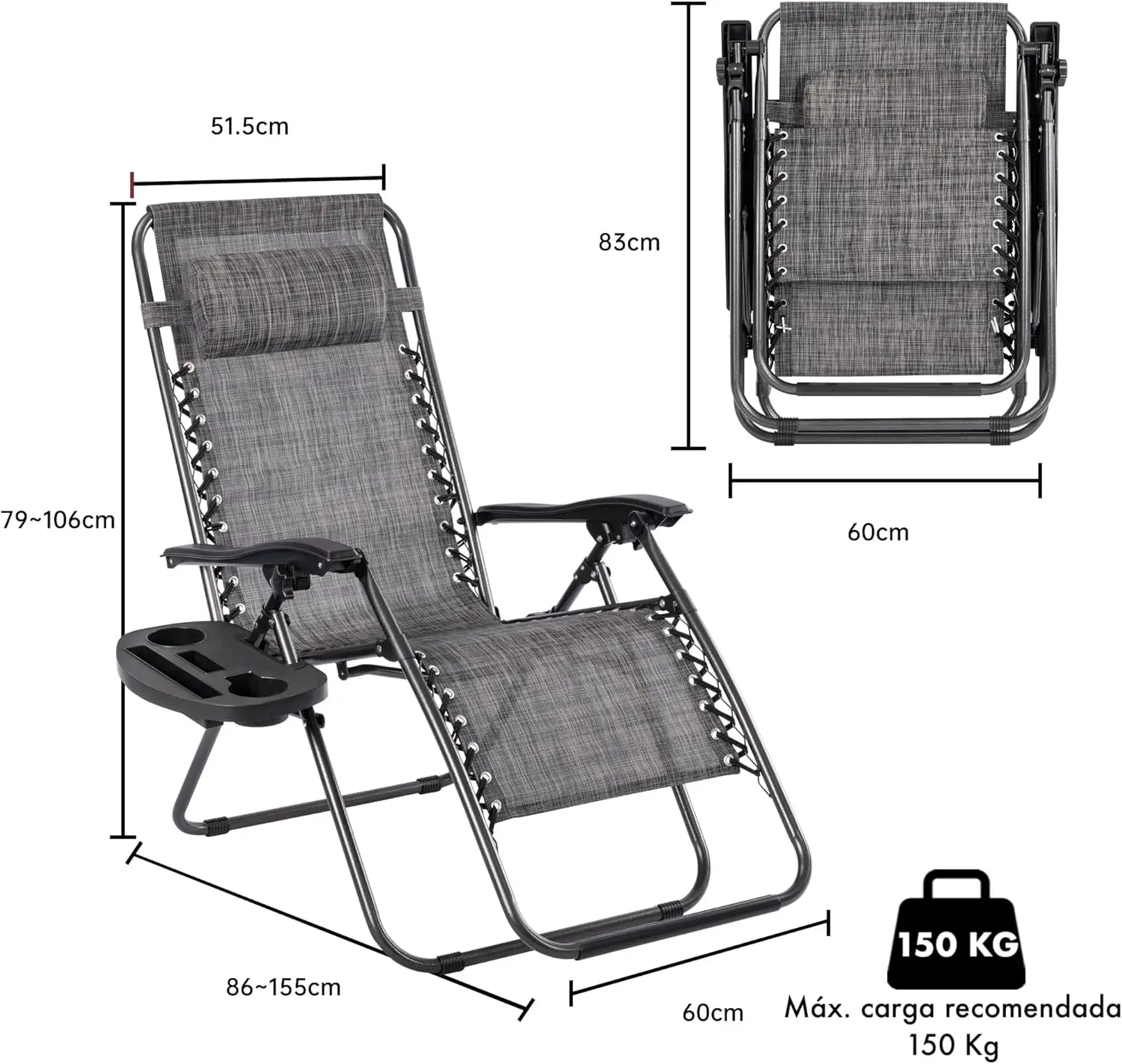 T-LoVendo Pack of 2 Folding Outdoor Sun Loungers or Chairs for Garden, Beach, Pool, Terrace. Zero Gravity 2 Units, Lightweight Steel, Cup Holder and Headrest. - Image 2