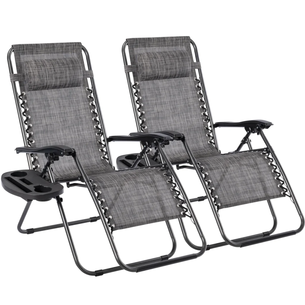T-LoVendo Pack of 2 Folding Outdoor Sun Loungers or Chairs for Garden, Beach, Pool, Terrace. Zero Gravity 2 Units, Lightweight Steel, Cup Holder and Headrest.