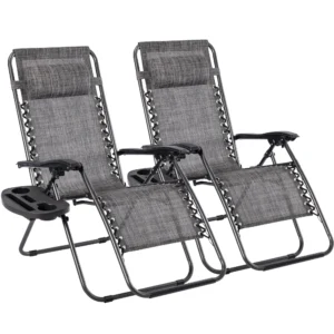 T-LoVendo Pack of 2 Folding Outdoor Sun Loungers or Chairs for Garden, Beach, Pool, Terrace. Zero Gravity 2 Units, Lightweight Steel, Cup Holder and Headrest.