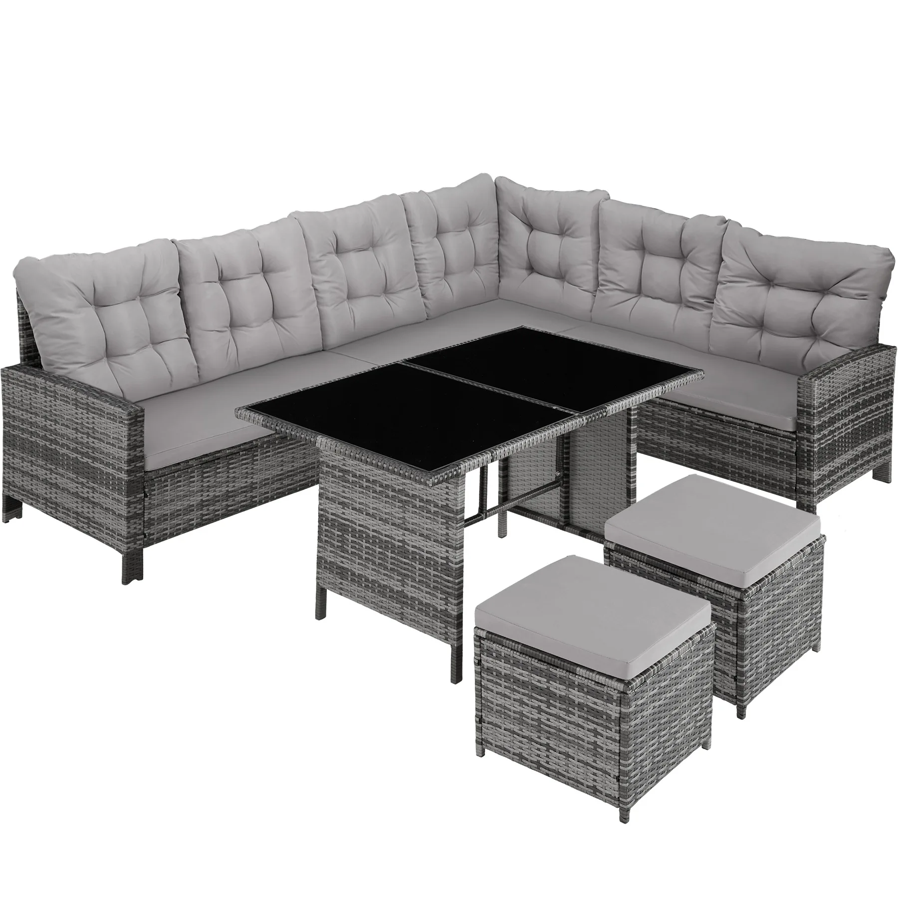 TECTAKE - Rattan Garden Set with Table and Cushions, Weatherproof and Matchable Patio Set, 5-Piece Outdoor Garden Furniture Set, Corner Sofa, 2 Stools and 1 Table - Image 2