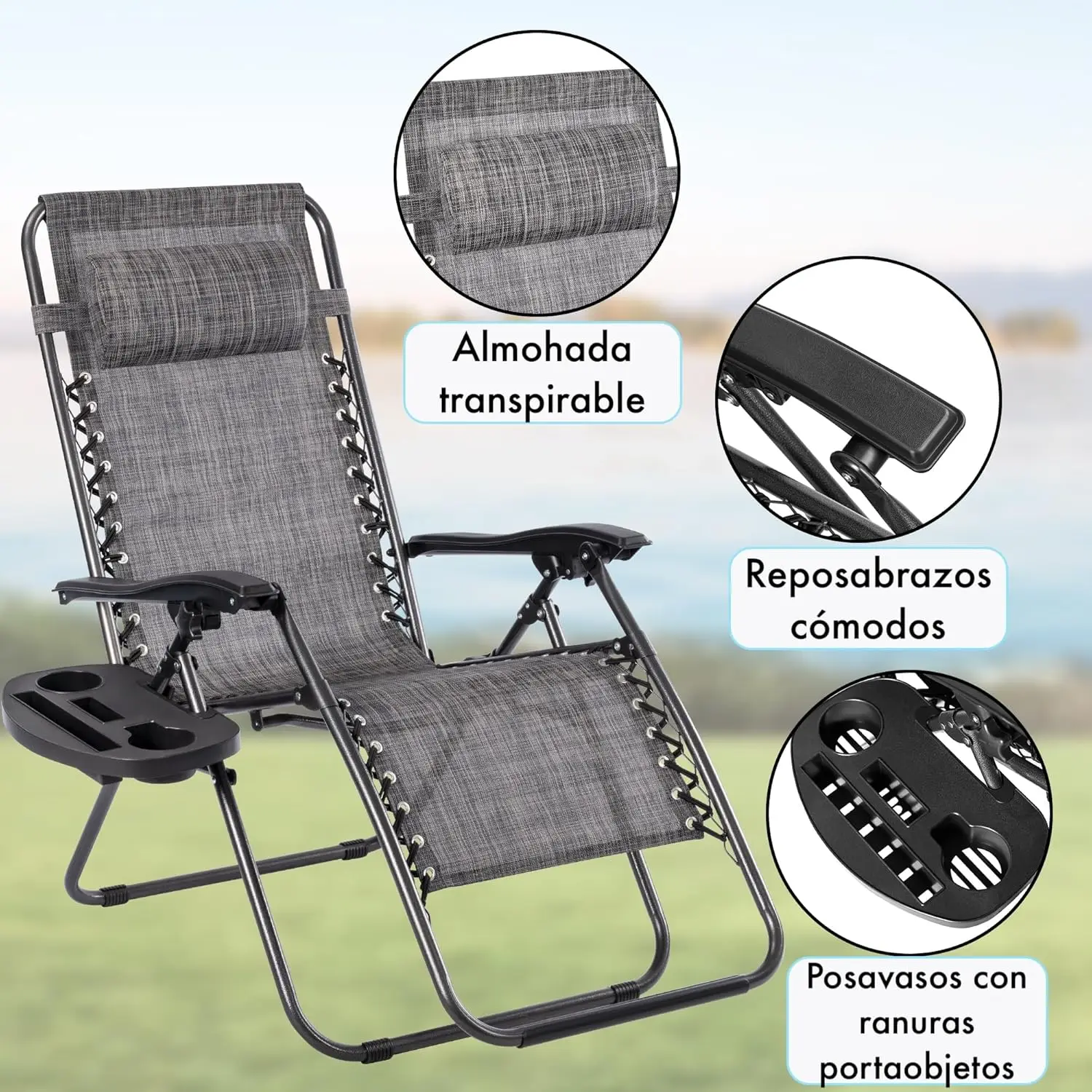 T-LoVendo Pack of 2 Folding Outdoor Sun Loungers or Chairs for Garden, Beach, Pool, Terrace. Zero Gravity 2 Units, Lightweight Steel, Cup Holder and Headrest. - Image 3