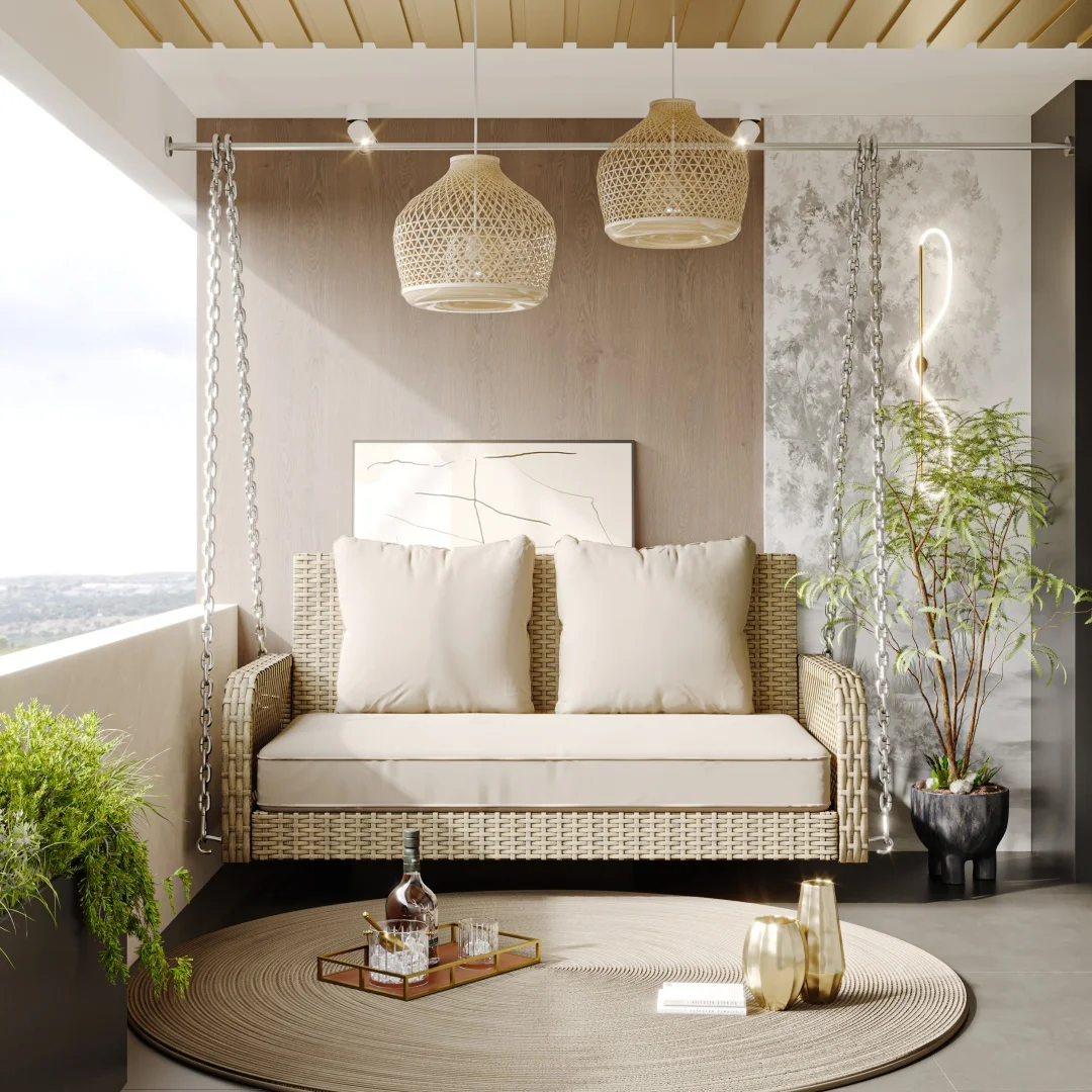 Outdoor garden furniture set, beige rattan, beige cushion, 2 seats, with cushion and backrest, outdoor swing, garden swing - Image 6