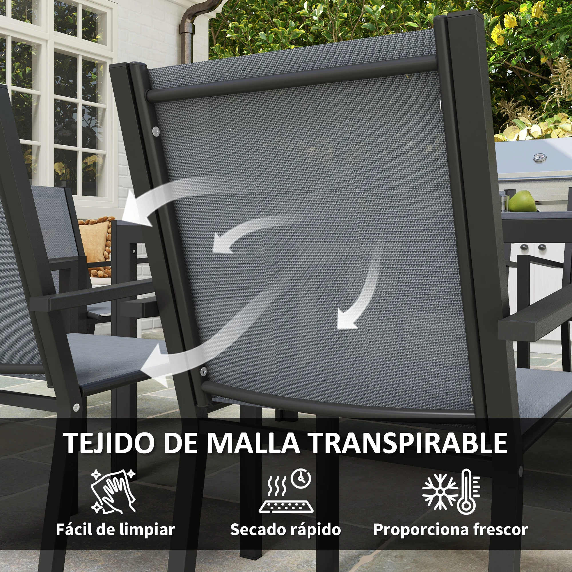 Outsunny Garden Table and Chair Set with Stackable Chairs and Steel Frame for Terrace Patio Light Gray - Image 5