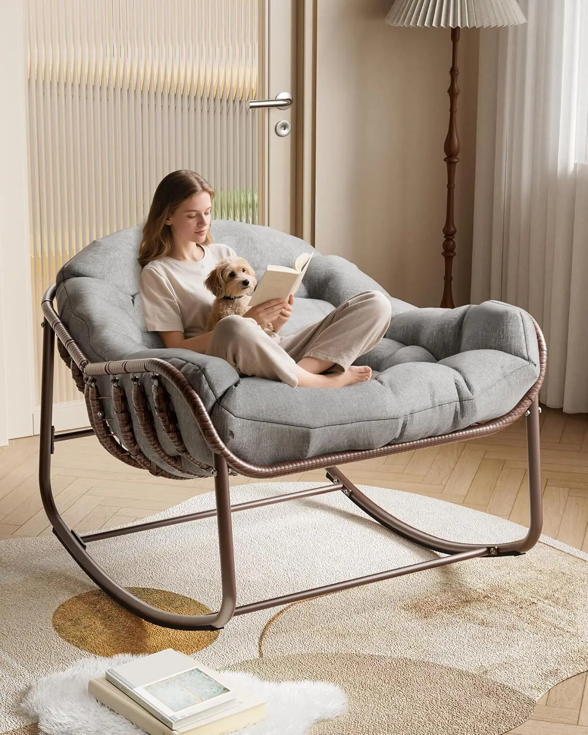 Rattan rocking chair with thick cushion, extra-large modern wicker egg chair for outdoor patio, garden, indoor home furniture - Image 2