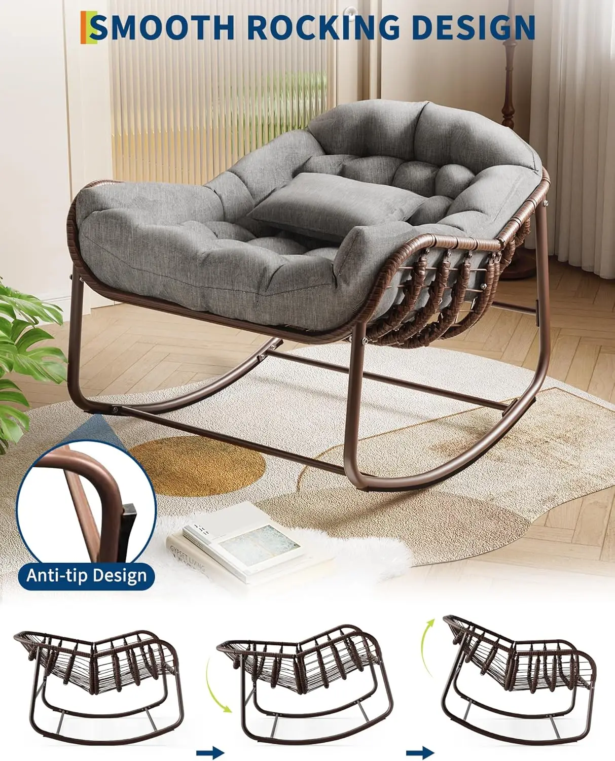 Rattan rocking chair with thick cushion, extra-large modern wicker egg chair for outdoor patio, garden, indoor home furniture - Image 4