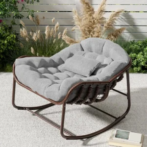 Rattan rocking chair with thick cushion, extra-large modern wicker egg chair for outdoor patio, garden, indoor home furniture