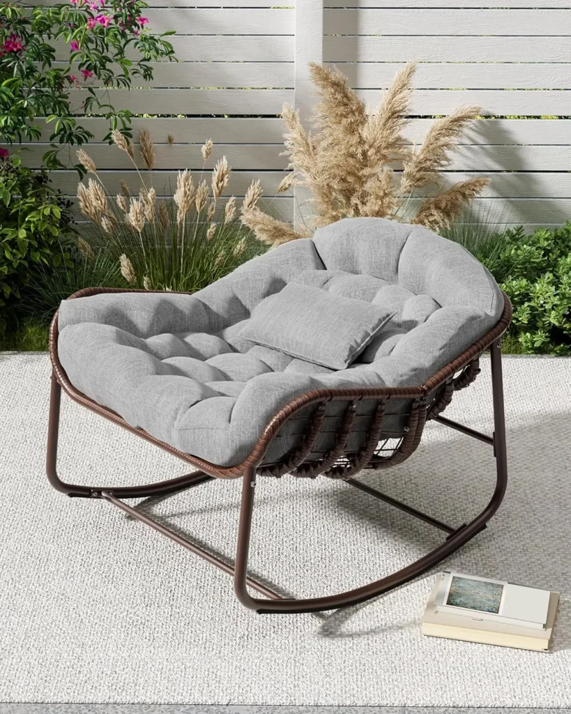 Rattan rocking chair with thick cushion, extra-large modern wicker egg chair for outdoor patio, garden, indoor home furniture