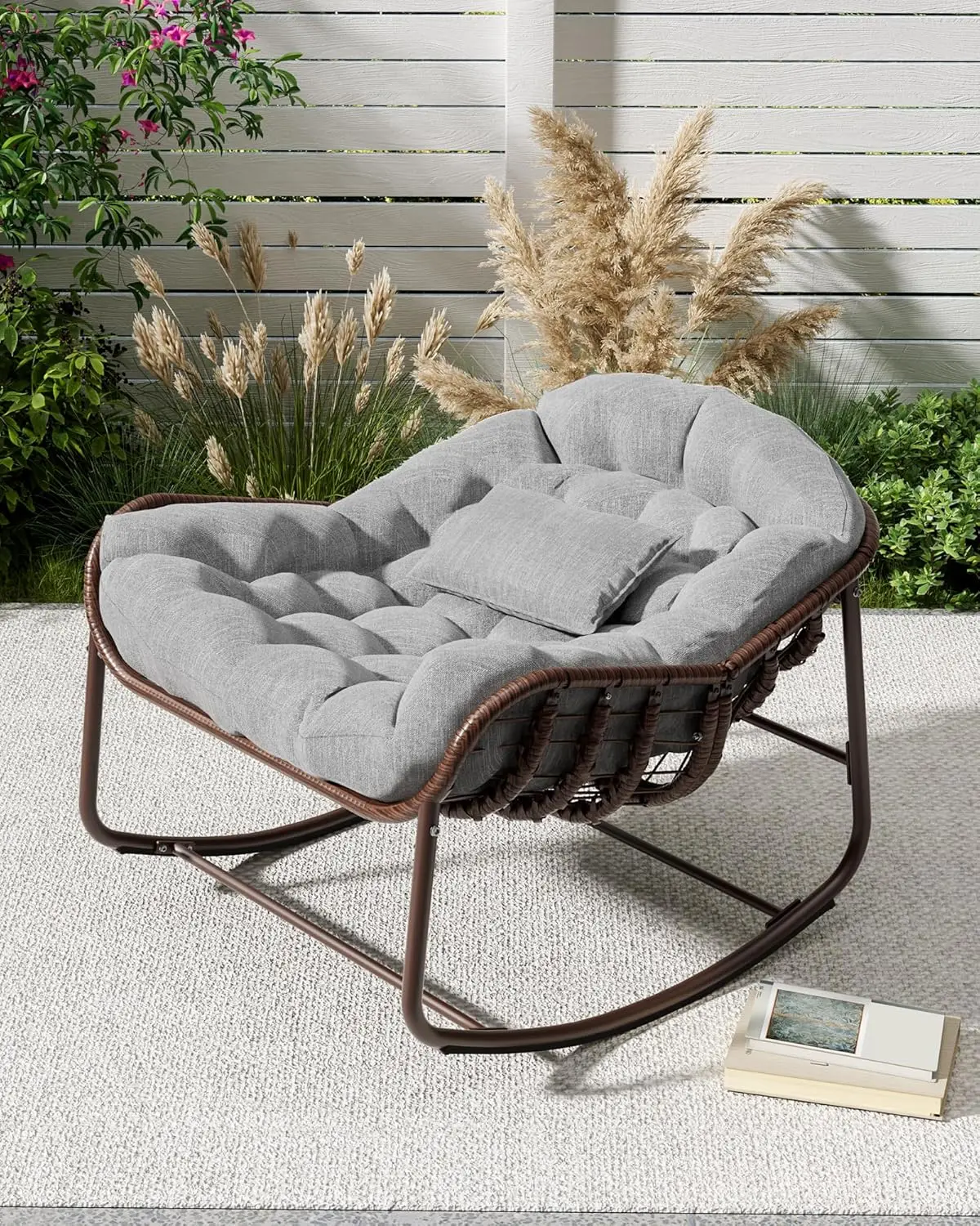 Rattan rocking chair with thick cushion, extra-large modern wicker egg chair for outdoor patio, garden, indoor home furniture