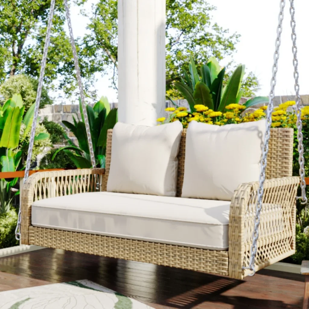 Outdoor garden furniture set, beige rattan, beige cushion, 2 seats, with cushion and backrest, outdoor swing, garden swing