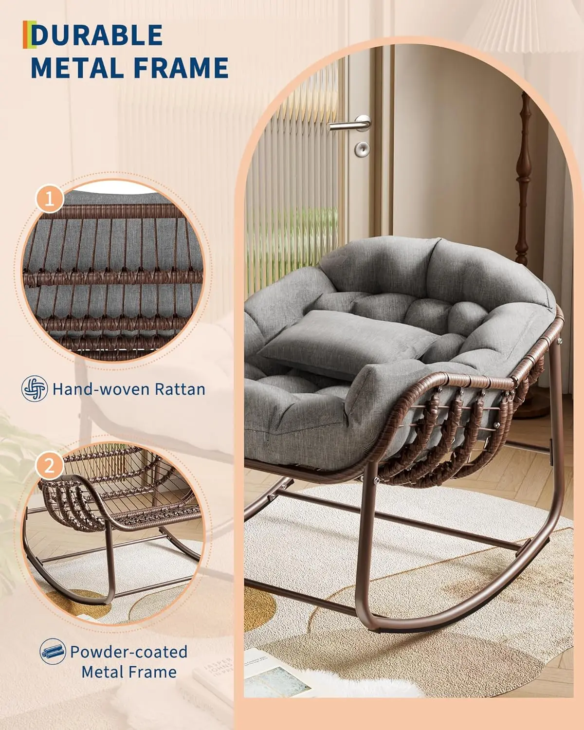 Rattan rocking chair with thick cushion, extra-large modern wicker egg chair for outdoor patio, garden, indoor home furniture - Image 3