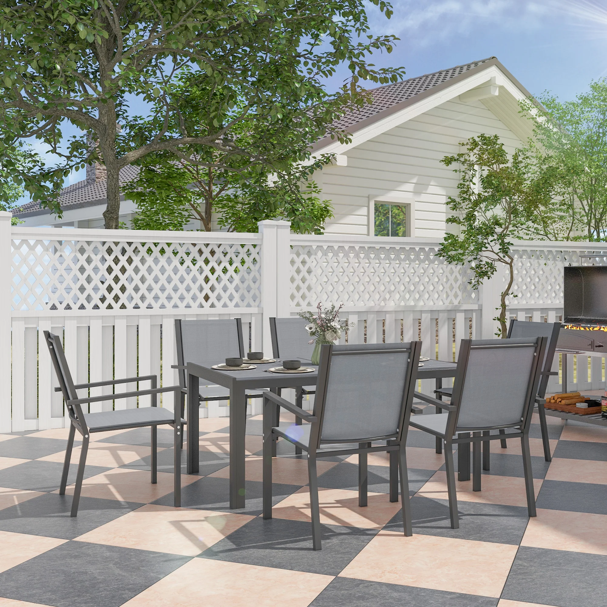 Outsunny Garden Table and Chair Set with Stackable Chairs and Steel Frame for Terrace Patio Light Gray - Image 2